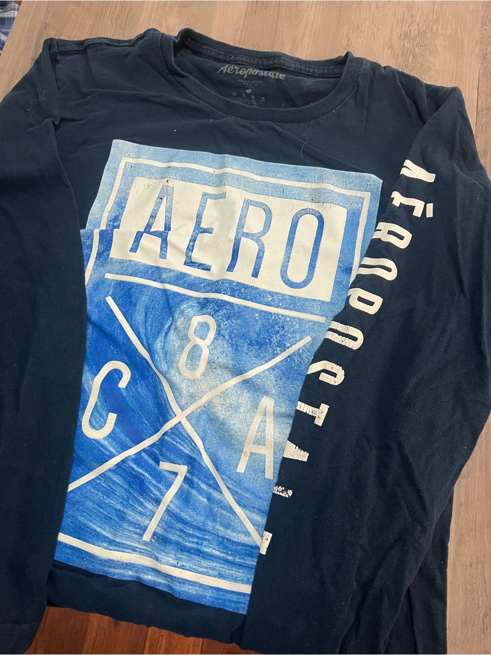 Aeropostale Men’s Long Sleeve Graphic Tee - Navy with Blue Print